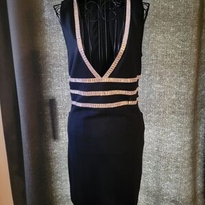 Bebe Black Plunge Neck Dress with Silver Embellishments Size Small $19